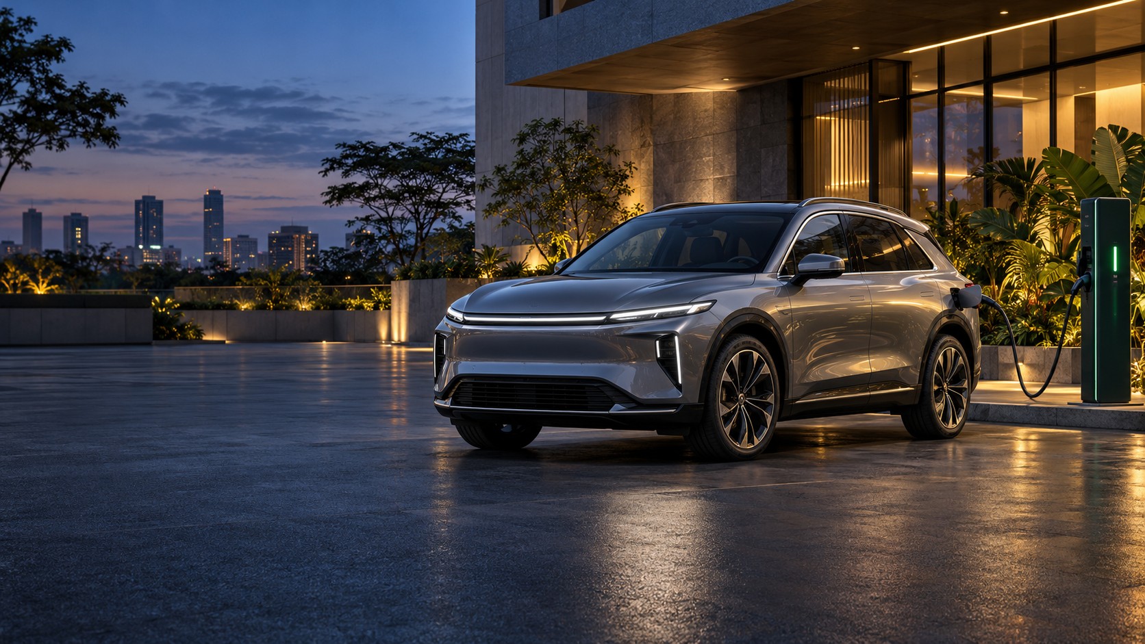 Premium electric vehicle beside a modern charging station